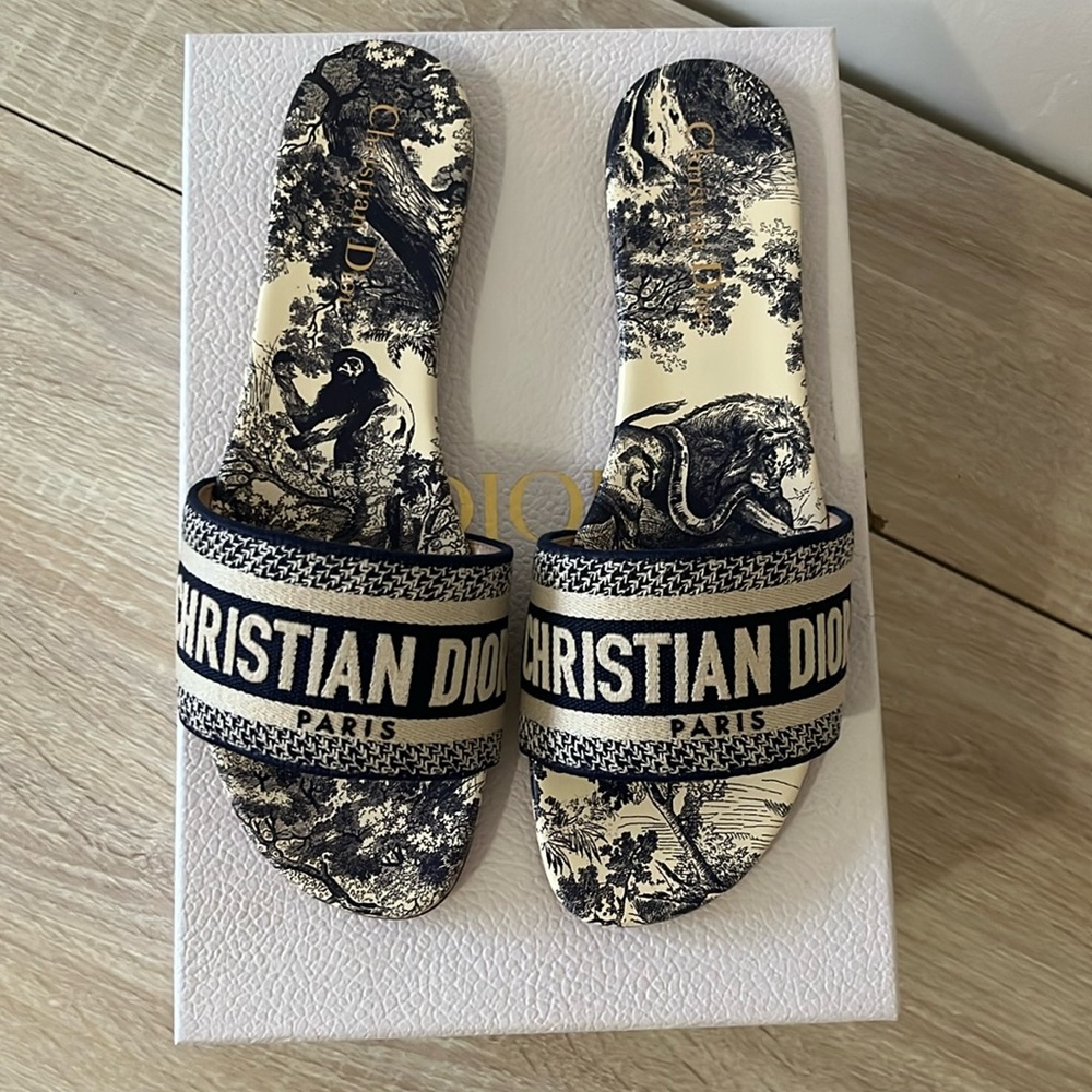 Dior Black and Cream Christian Dior Toile Slide Sandals